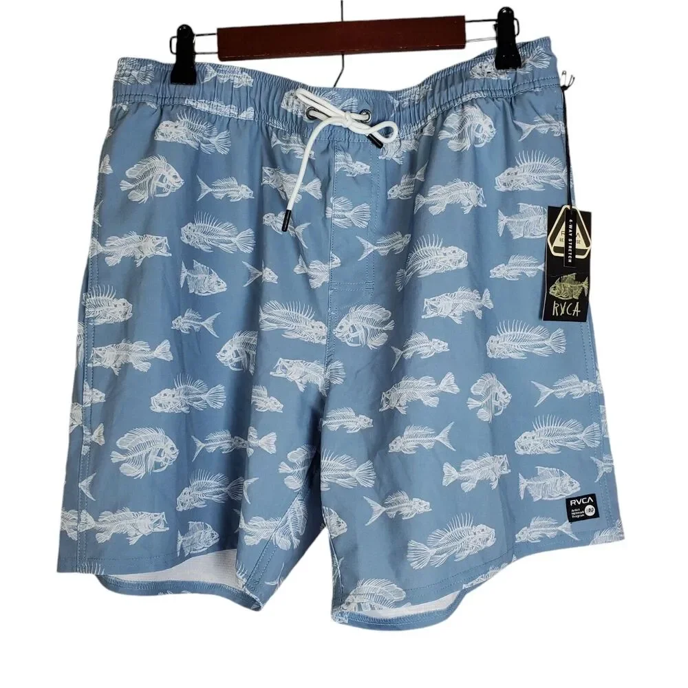 NEW RVCA Mens Horton Fish Elastic Short XL Blue Swim Surf Casual 7" Inseam - Picture 2 of 15